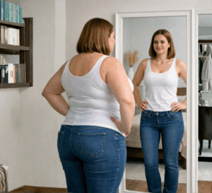 Woman looking at a skinner and healthier version of herself in a mirror
