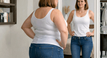 Woman looking at a skinner and healthier version of herself in a mirror