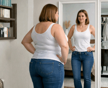 Woman looking at a skinner and healthier version of herself in a mirror