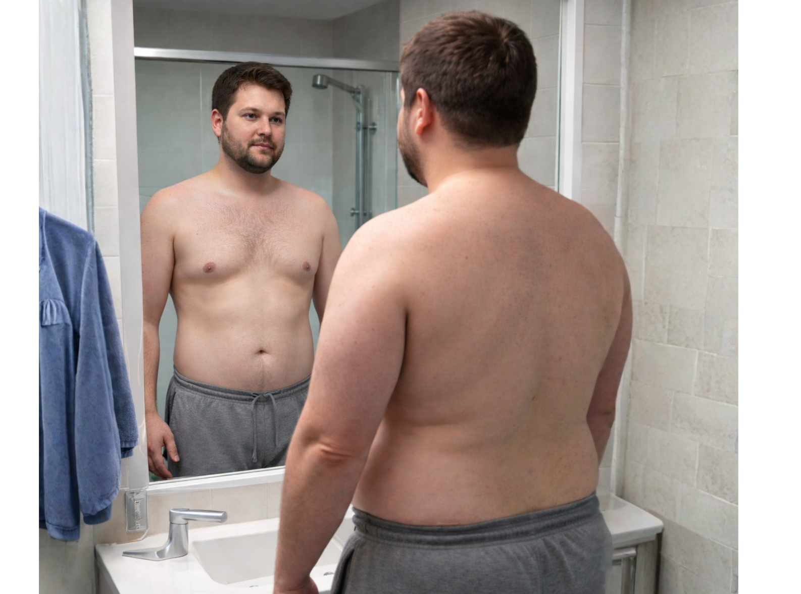A man looking at a skinnier version of himself in the mirror