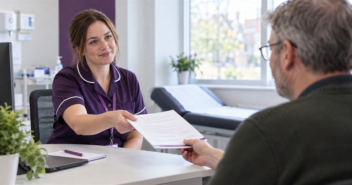 A research nurse handing a Participant Information Sheet to a prospective participant