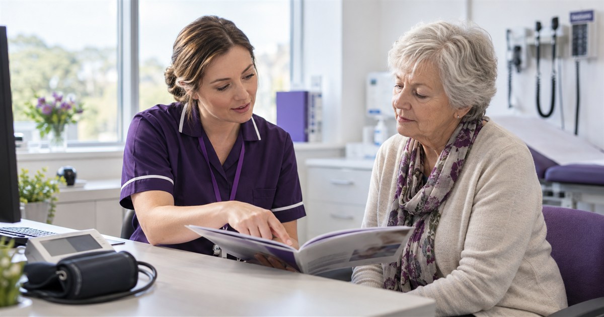 A research nurse talking a participant through a Participant Information Sheet at a screening visit