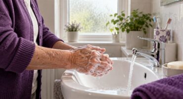 An older adult washing their hands with soap and water, the method the NHS advises against C. difficile