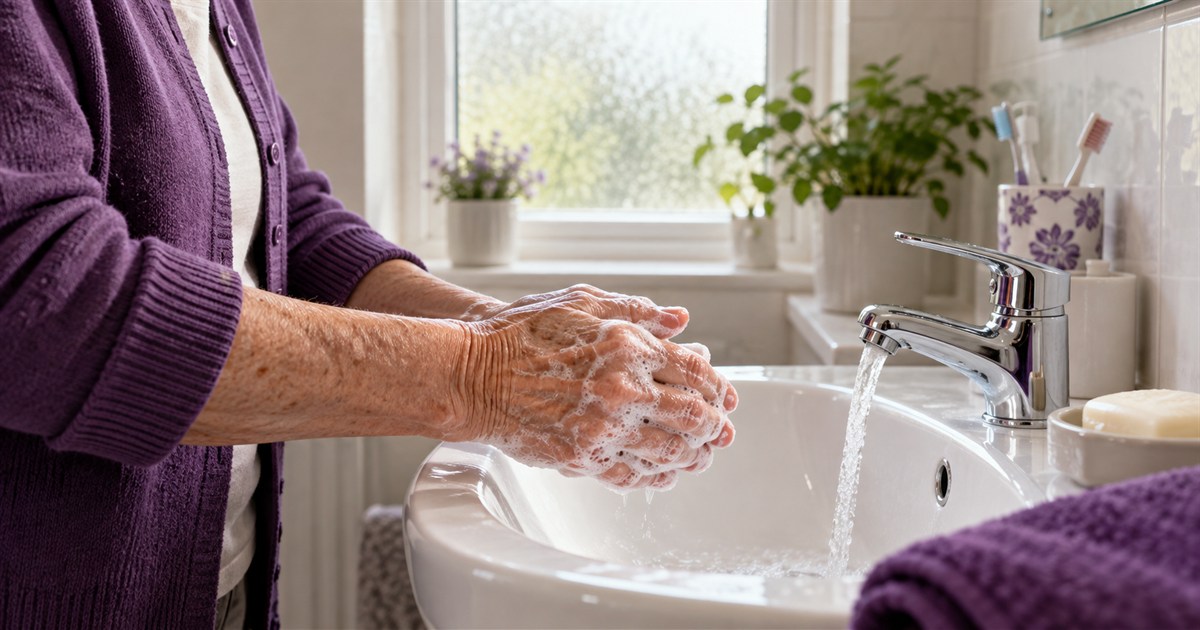 An older adult washing their hands with soap and water, the method the NHS advises against C. difficile