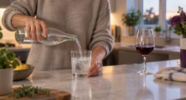 A glass of water being poured beside a part-finished glass of wine, illustrating cutting down on alcohol