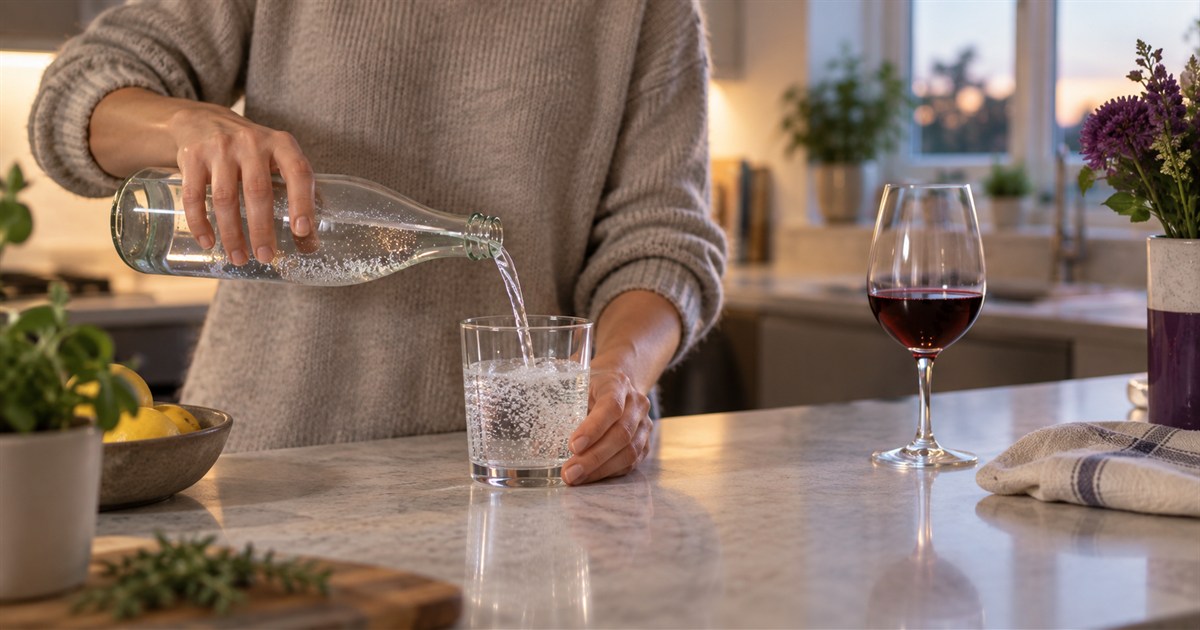 A glass of water being poured beside a part-finished glass of wine, illustrating cutting down on alcohol