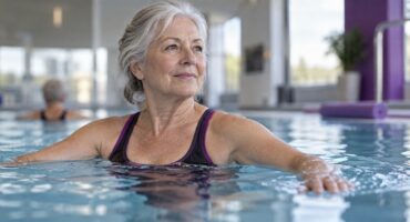 An older adult exercising gently in a swimming pool