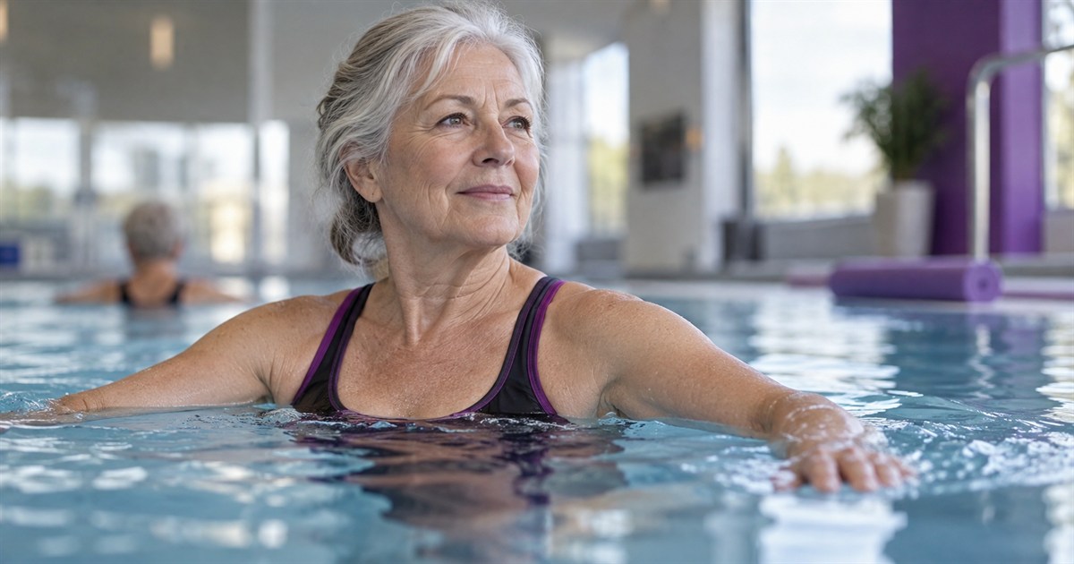 An older adult exercising gently in a swimming pool