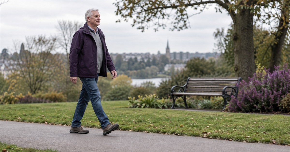 An older adult walking comfortably on a park path, illustrating gentle exercise for knee osteoarthritis