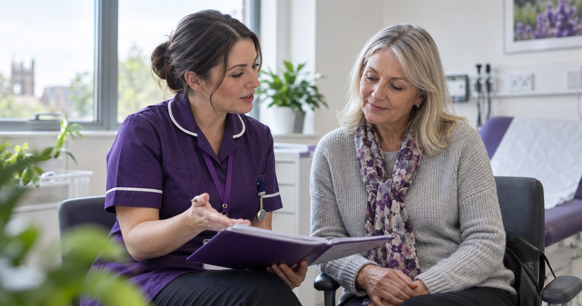 A research nurse explaining next steps to someone after a screening appointment
