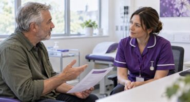 A participant asking questions of a research nurse before agreeing to take part