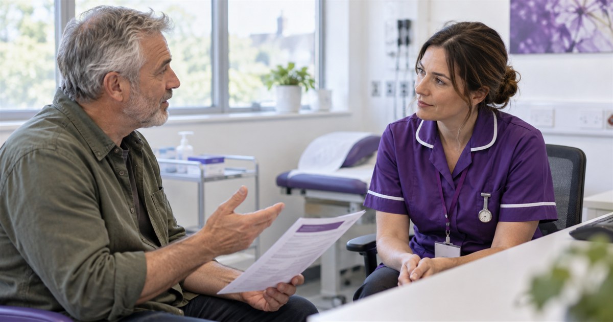 A participant asking questions of a research nurse before agreeing to take part