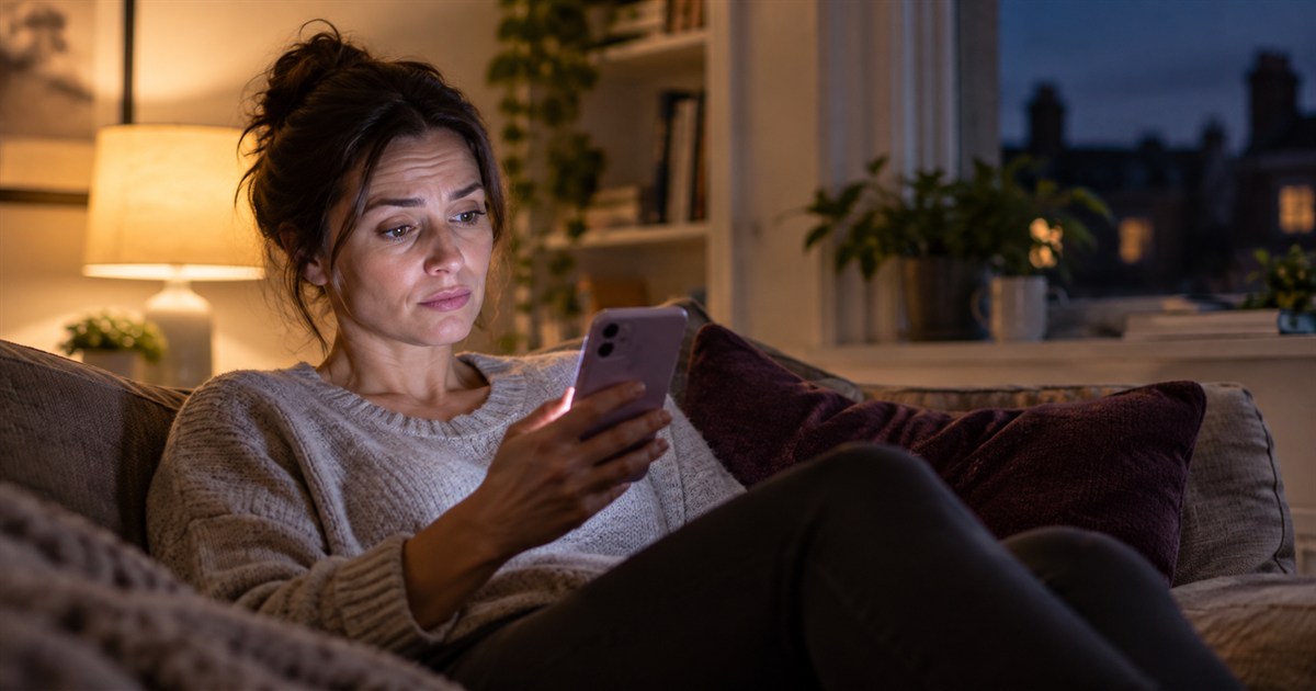 A person looking sceptically at a weight loss advert on their phone