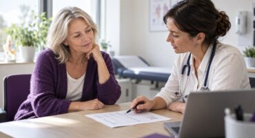A patient and GP reviewing a cholesterol blood test result together in a UK consulting room