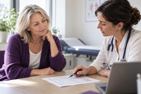 A patient and GP reviewing a cholesterol blood test result together in a UK consulting room