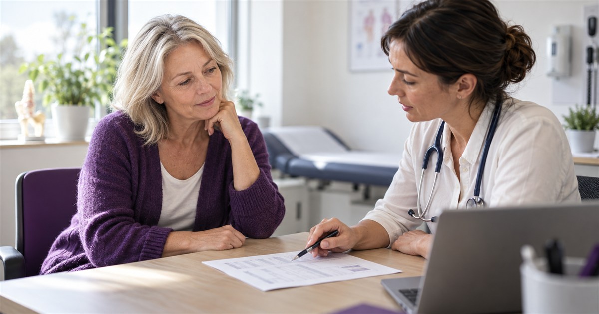 A patient and GP reviewing a cholesterol blood test result together in a UK consulting room