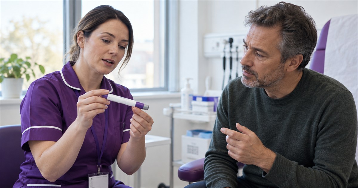 A clinician explaining how an injector pen works to a patient