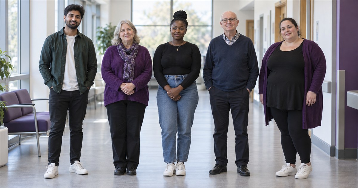 A diverse group of adults of different body sizes standing together in a clinic