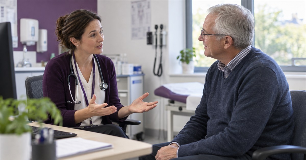 A GP explaining a C. difficile diagnosis to a patient in a UK consulting room